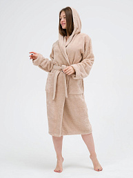 Женский махровый халат с капюшоном / Бежевый